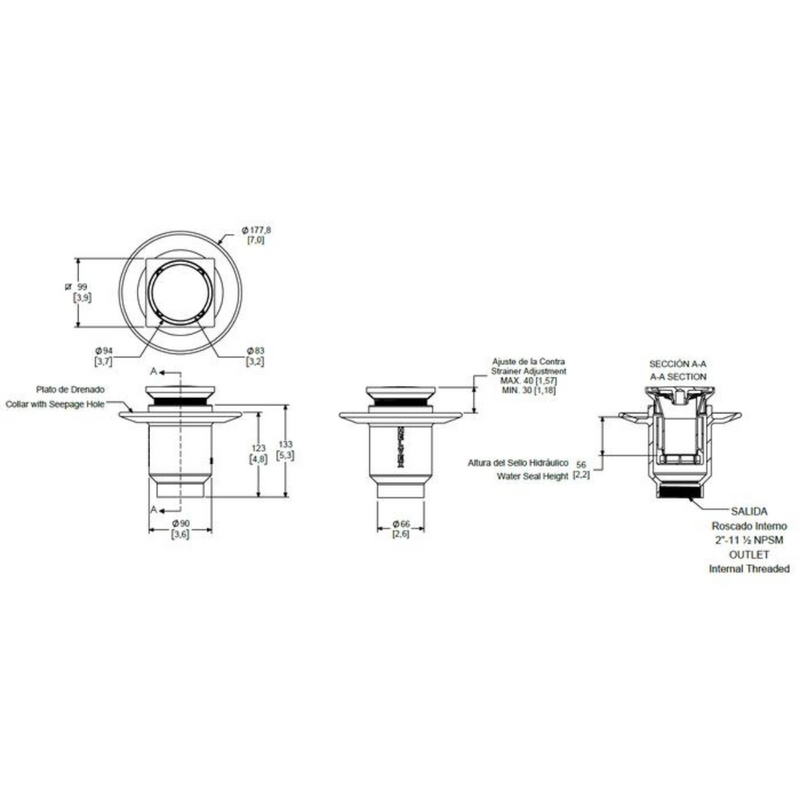 Coladera corta con tapa redonda contorno cuadrado 22V-CHL