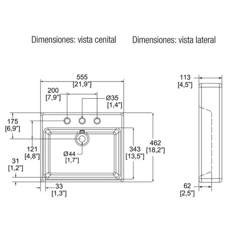 Lavabo de sobreponer con rebosadero lucerna 3 perforaciones blanco